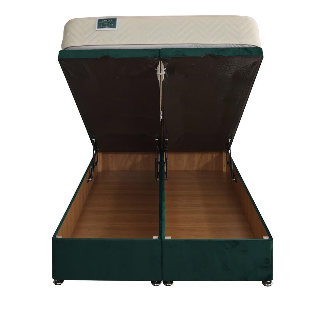 Midas Coil Sprung Ottoman End Lift Bed Set – front view, storage open