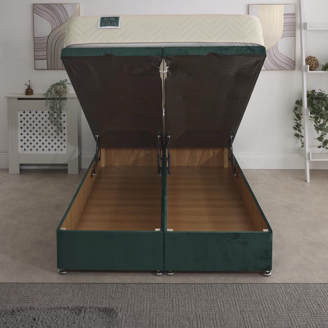 Midas Coil Sprung Ottoman End Lift Bed Set – front view, storage open