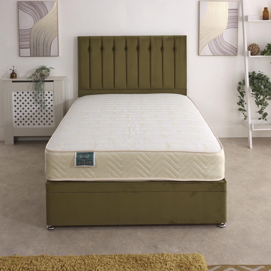 Midas Coil Sprung Ottoman Side Lift Bed Set – front view, styled in a bedroom