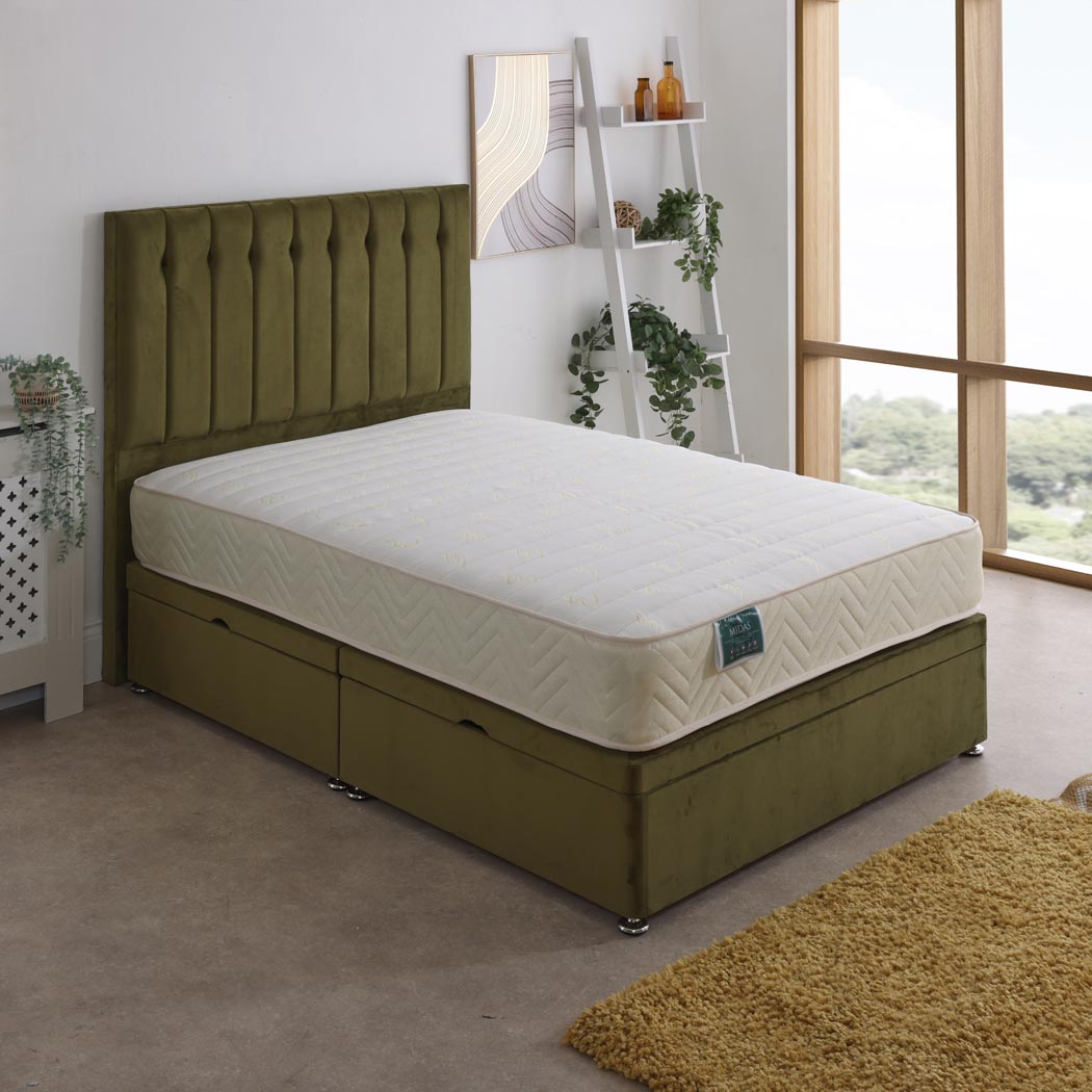 Midas Coil Sprung Ottoman Side Lift Bed Set – angled view, styled in a bedroom