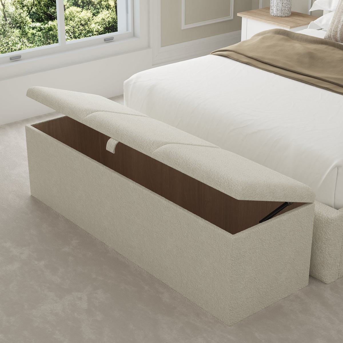 Monaco Fabric Upholstered Blanket Box – angled view, storage open