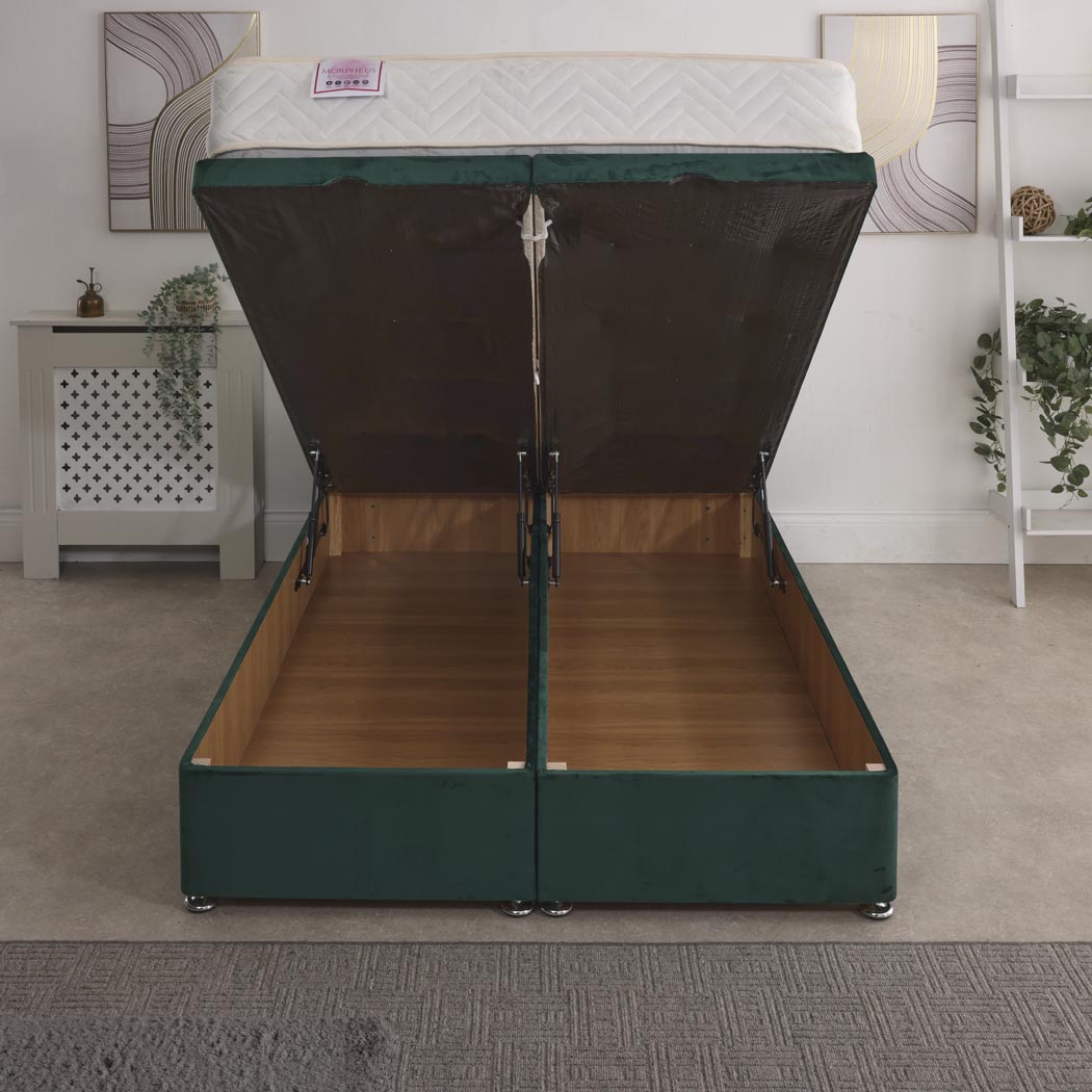 Morpheus Coil Sprung Ottoman End Lift Bed Set – front view, storage open