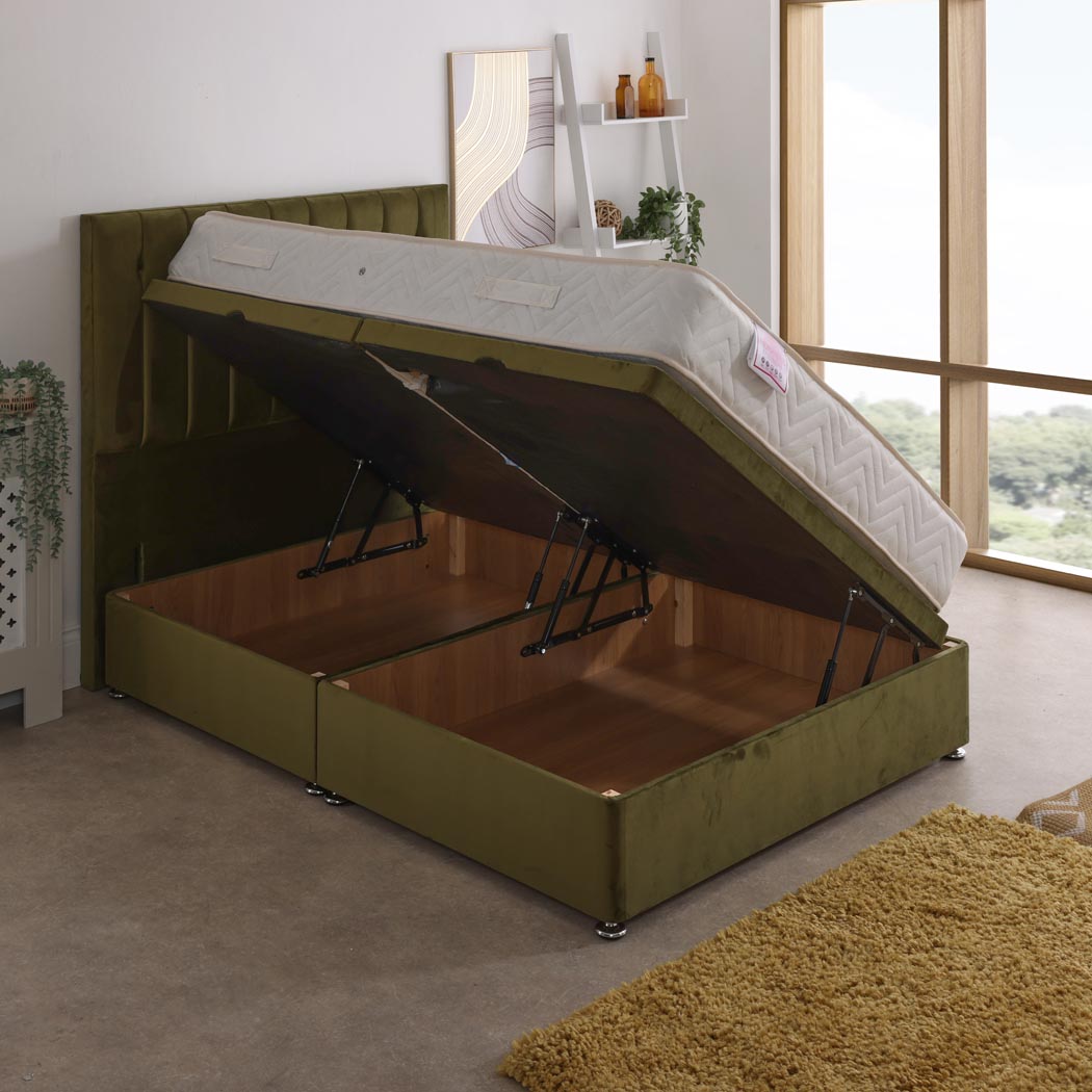Morpheus Coil Sprung Ottoman Side Lift Bed Set – angled view, storage open