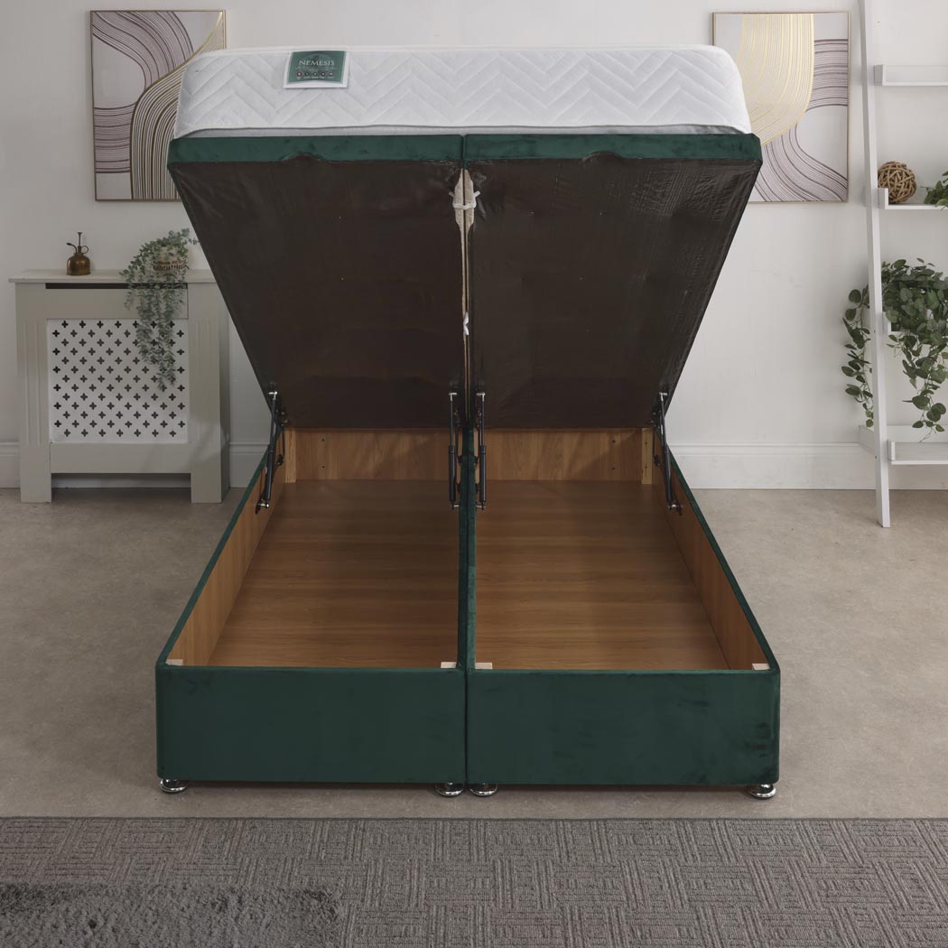 Nemesis Coil Sprung Ottoman End Lift Bed Set – front view, storage open