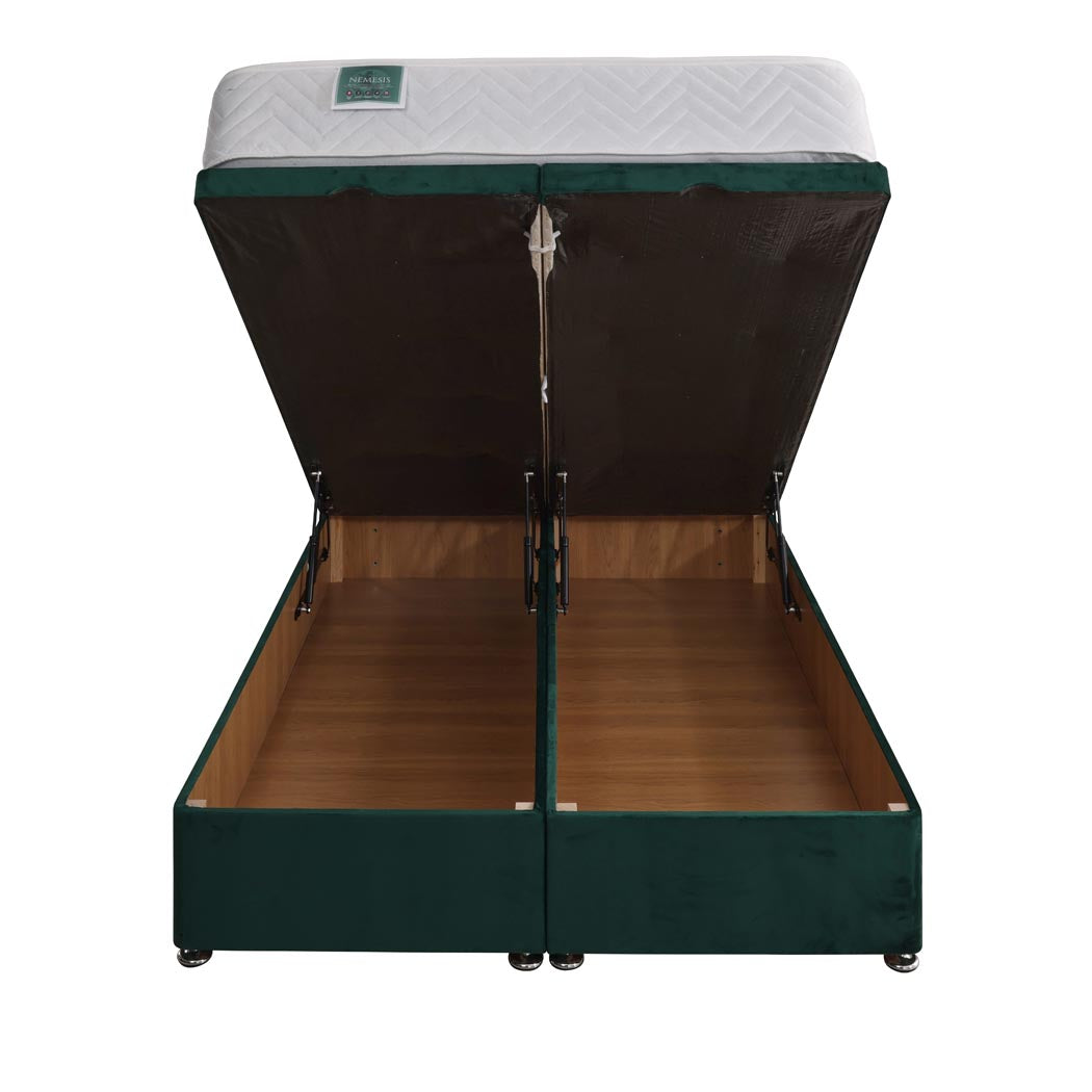 Nemesis Coil Sprung Ottoman End Lift Bed Set – front view, storage open