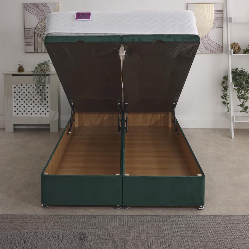 Orion Coil Sprung Ottoman End Lift Bed Set – front view, storage open