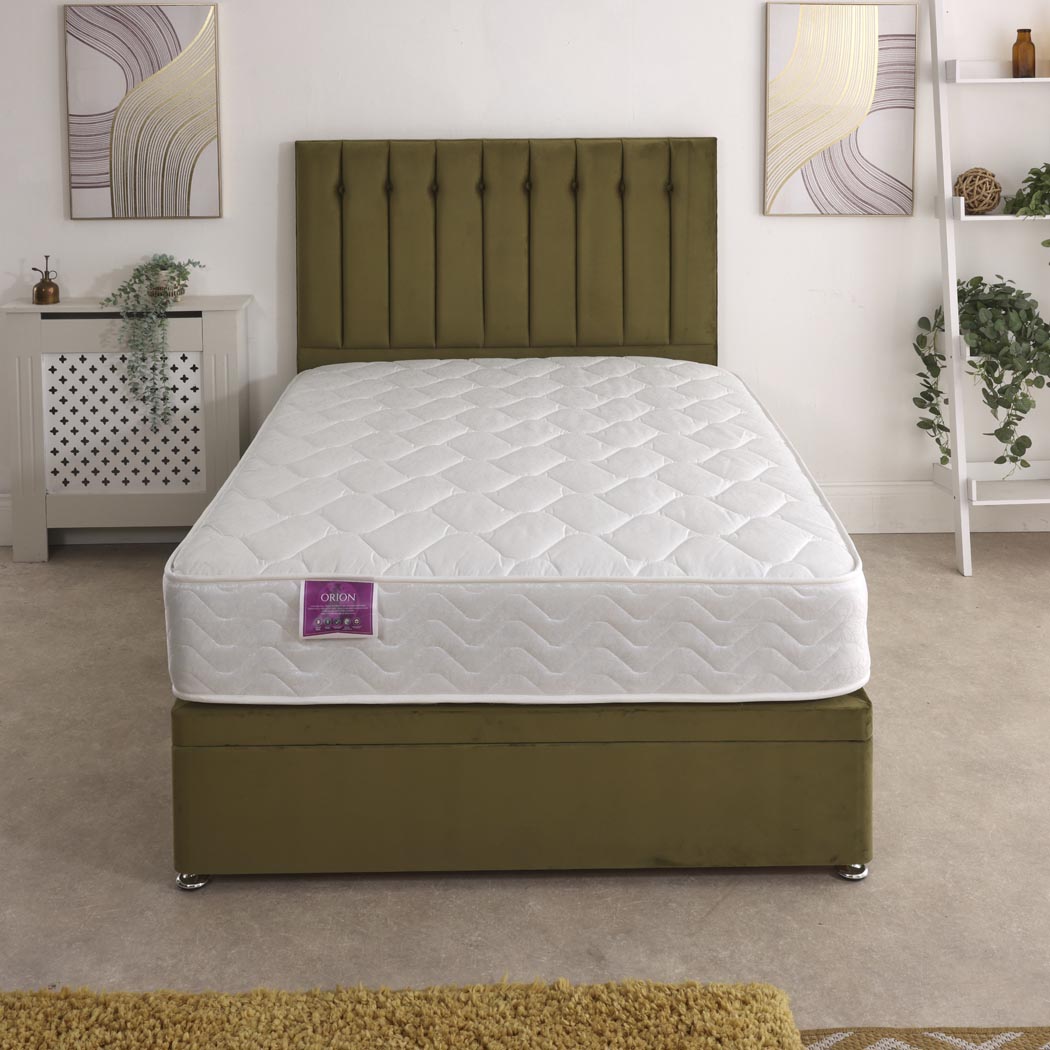 Orion Coil Sprung Ottoman Side Lift Bed Set – front view, styled in a bedroom