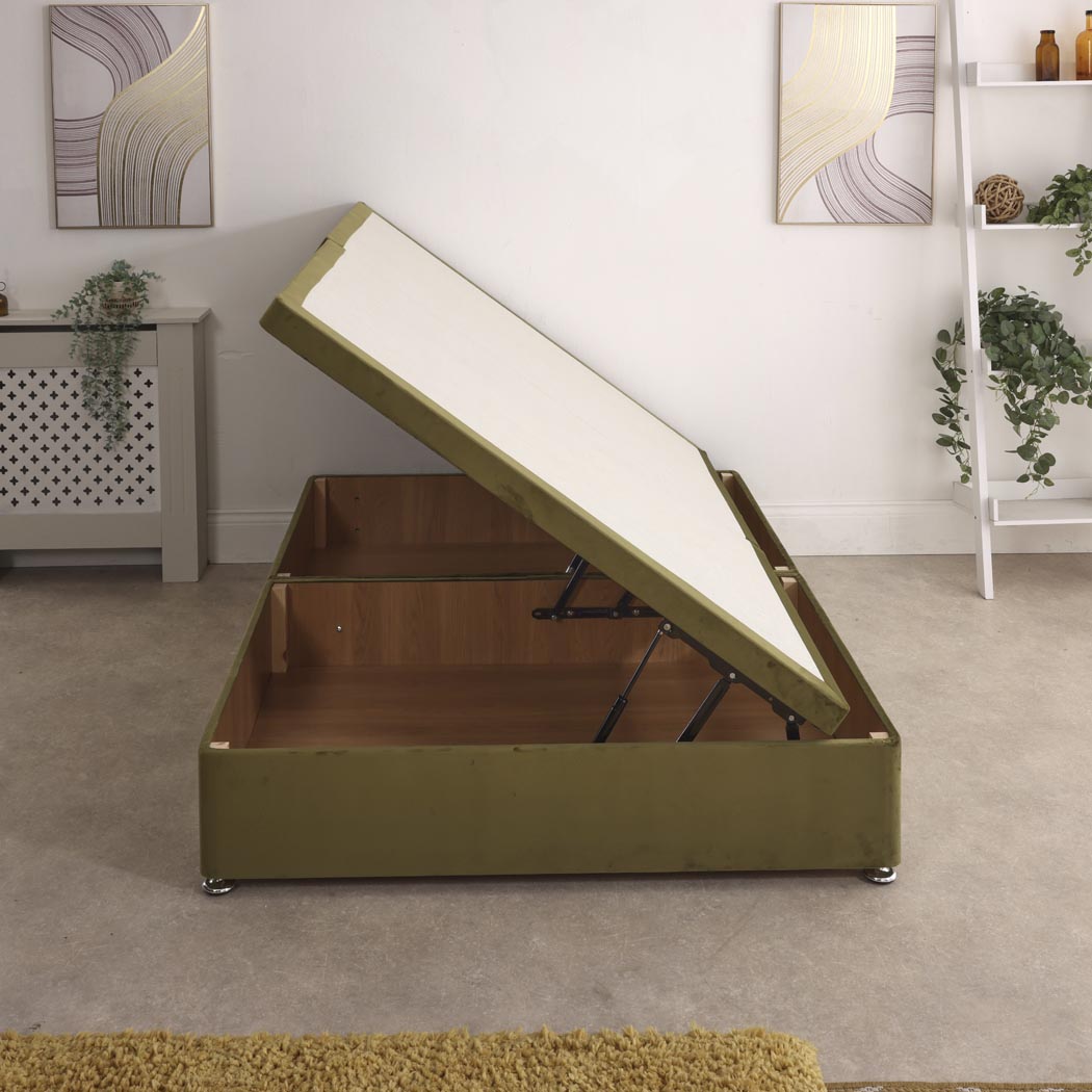 Ottoman Storage Side Lift Divan Bed Base – angled view, storage open