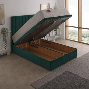 Pegasus Coil Sprung Ottoman End Lift Bed Set – angled view, storage open