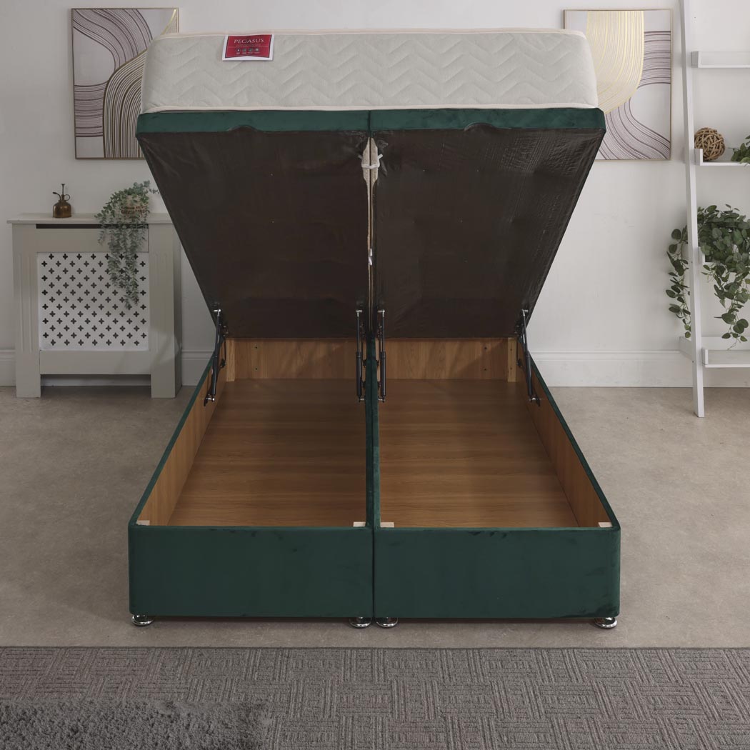 Pegasus Coil Sprung Ottoman End Lift Bed Set – rear view, storage open