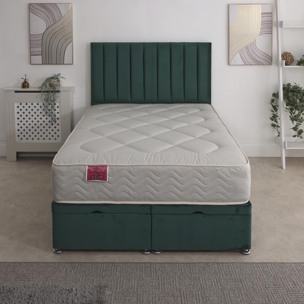Pegasus Coil Sprung Ottoman End Lift Bed Set – front view, styled in a bedroom