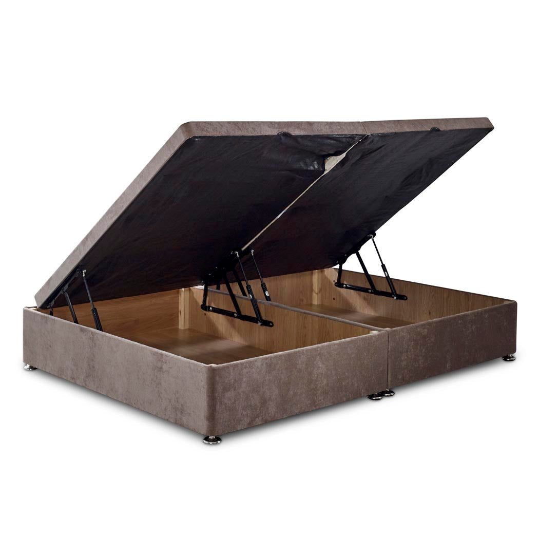 Premium Side Lift Ottoman Storage Divan Bed Base – angled view, storage open