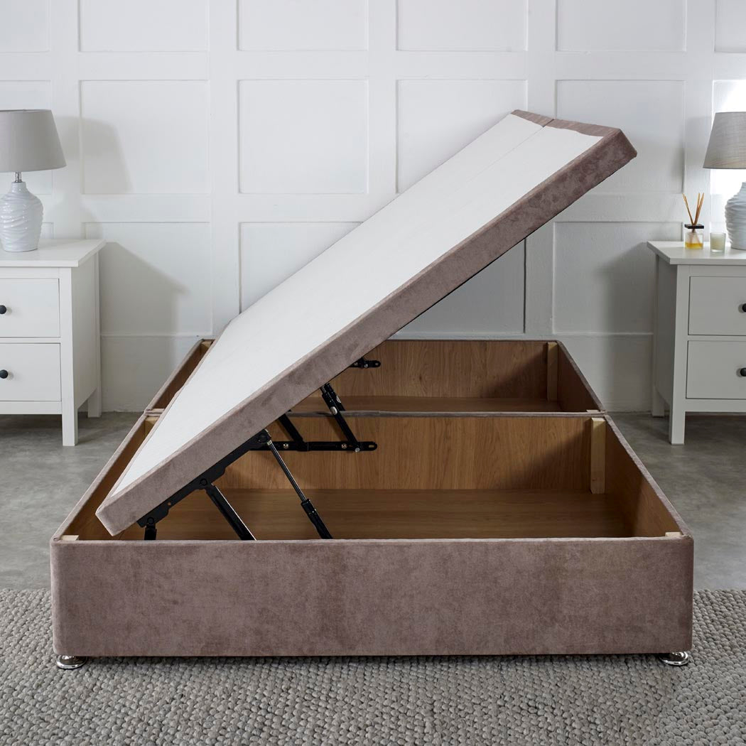 Premium Side Lift Ottoman Storage Divan Bed Base – angled view, storage open