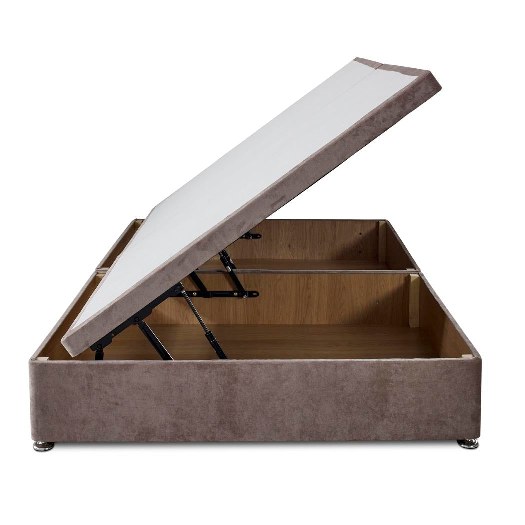 Premium Side Lift Ottoman Storage Divan Bed Base – left side view, storage open