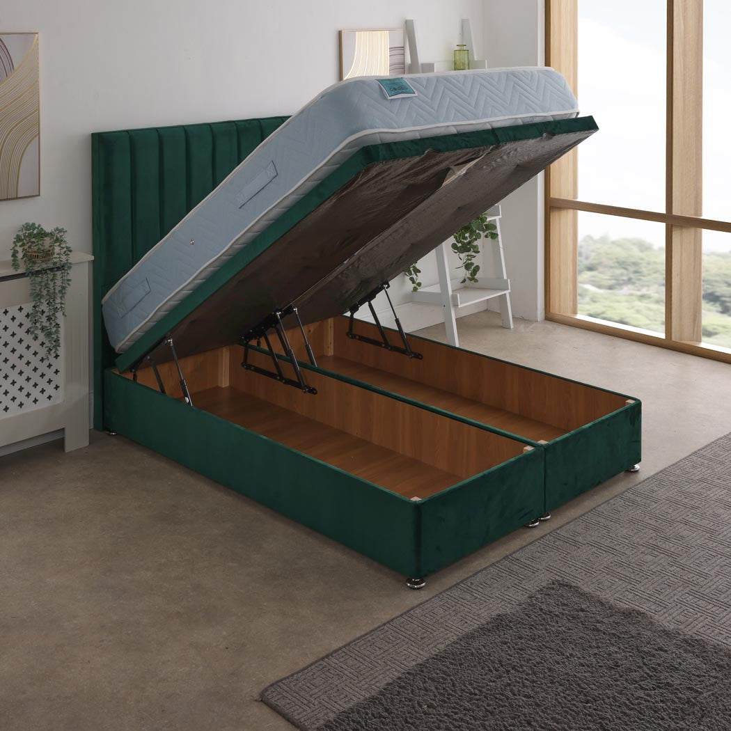 Stress Free Coil Sprung Ottoman End Lift Bed Set – angled view, storage open