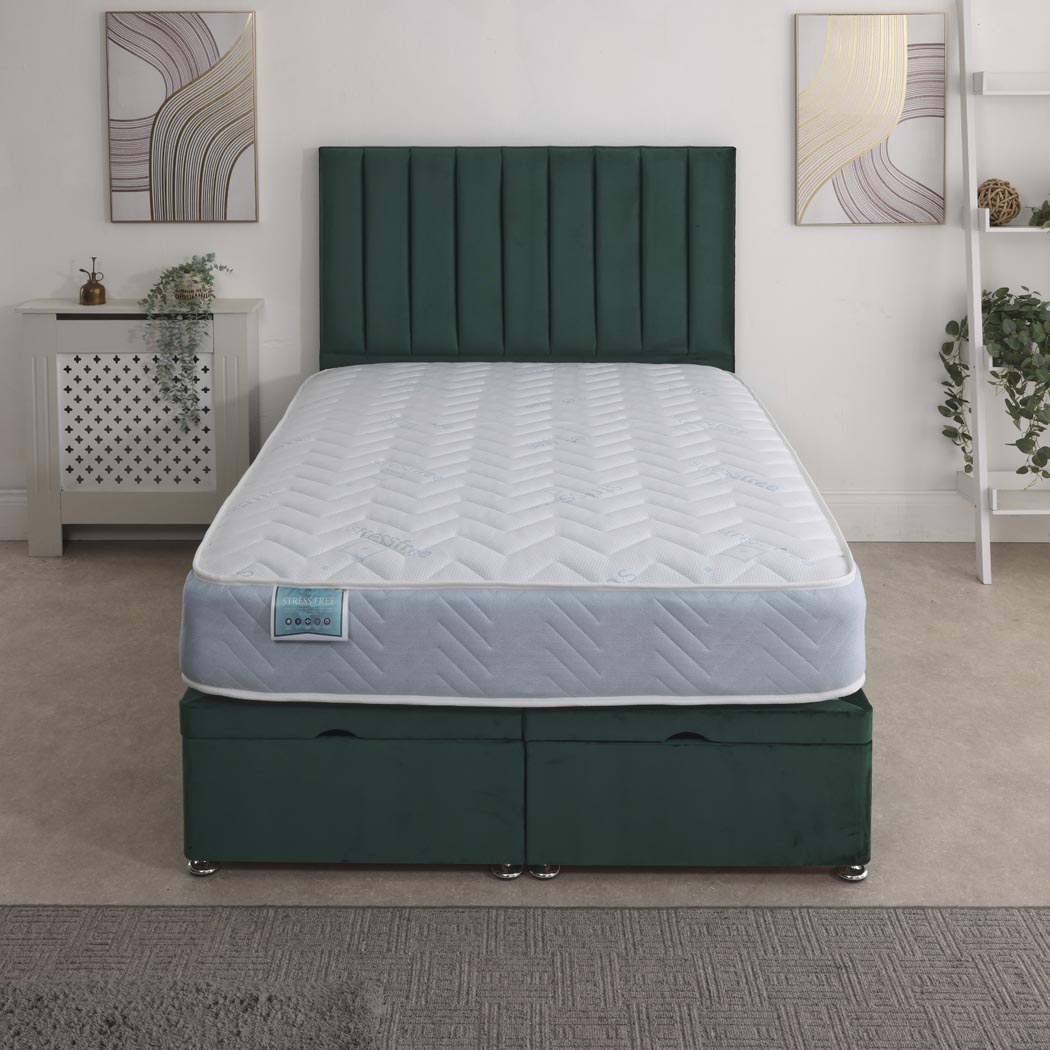 Stress Free Coil Sprung Ottoman End Lift Bed Set – front view, storage closed
