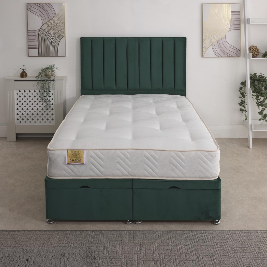 Super Ortho Coil Sprung Ottoman End Lift Bed Set – front view, styled in a bedroom