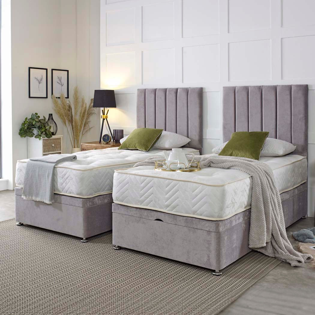 Supreme Guest Hotel Zip and Link 1500 Pocket Sprung Ottoman Divan Bed Set – styled in a bedroom