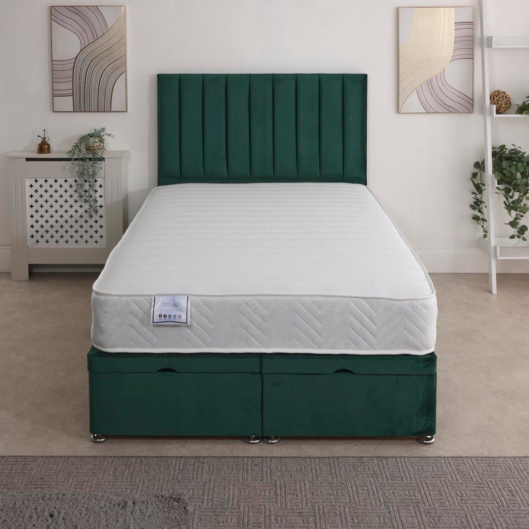 Titan Coil Sprung Ottoman End Lift Bed Set – front view, styled in a bedroom