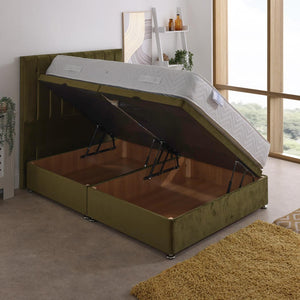 Titan Coil Sprung Ottoman Side Lift Bed Set – styled in a bedroom, storage open