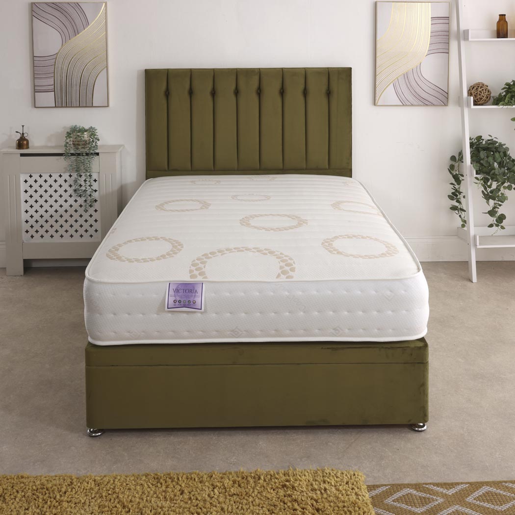 Victoria Orthopaedic Coil Sprung Ottoman Side Lift Bed Set – front view, styled in a bedroom