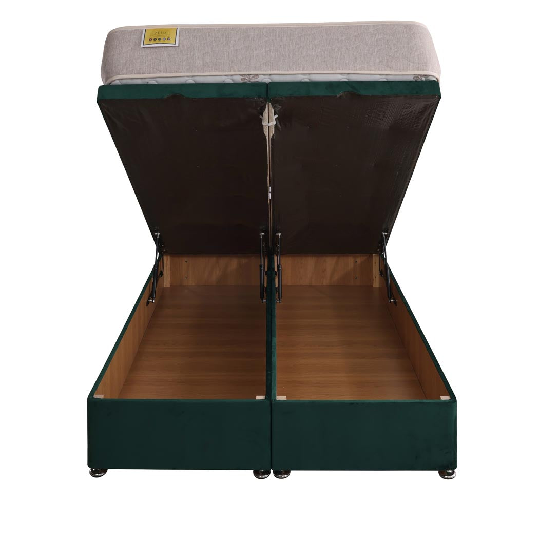Zeus Orthopaedic Coil Sprung Ottoman End Lift Bed Set – front view, storage open