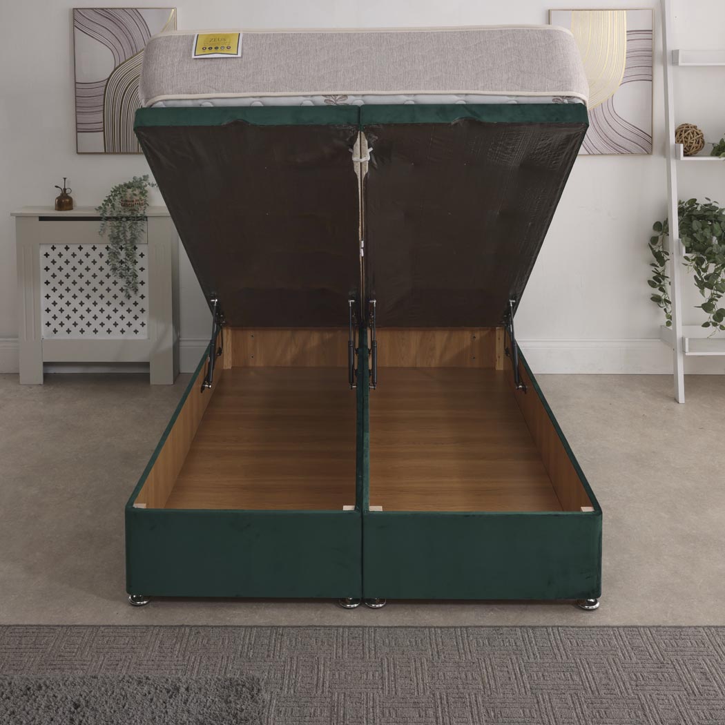 Zeus Orthopaedic Coil Sprung Ottoman End Lift Bed Set – front view, storage open