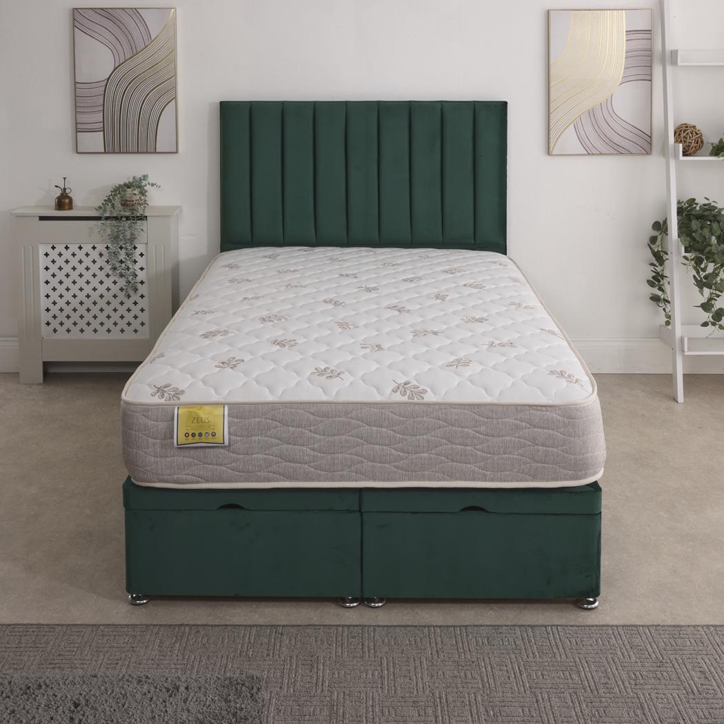 Zeus Orthopaedic Coil Sprung Ottoman End Lift Bed Set – styled in a bedroom