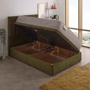Zeus Orthopaedic Coil Sprung Ottoman Side Lift Bed Set – styled in a bedroom, storage open