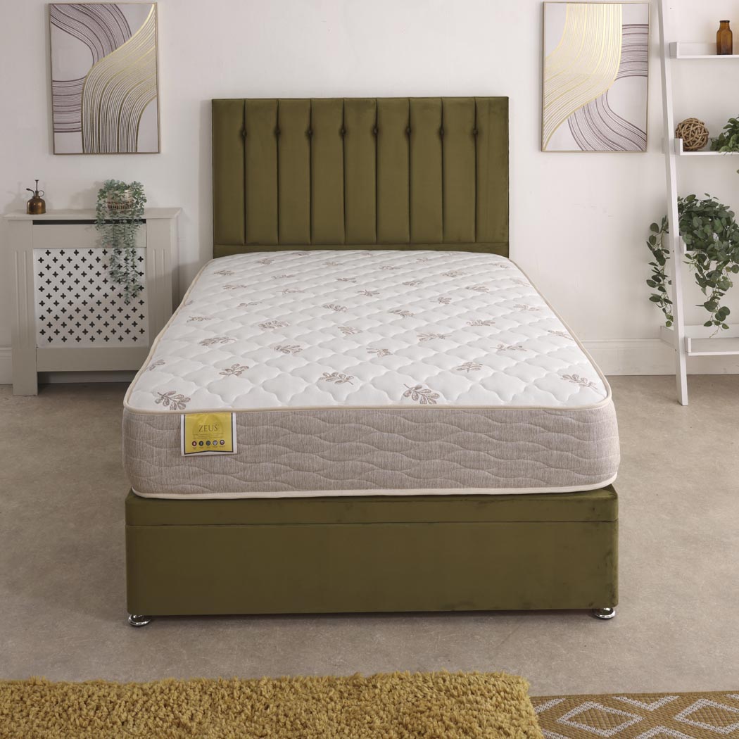 Zeus Orthopaedic Coil Sprung Ottoman Side Lift Bed Set – styled in a bedroom