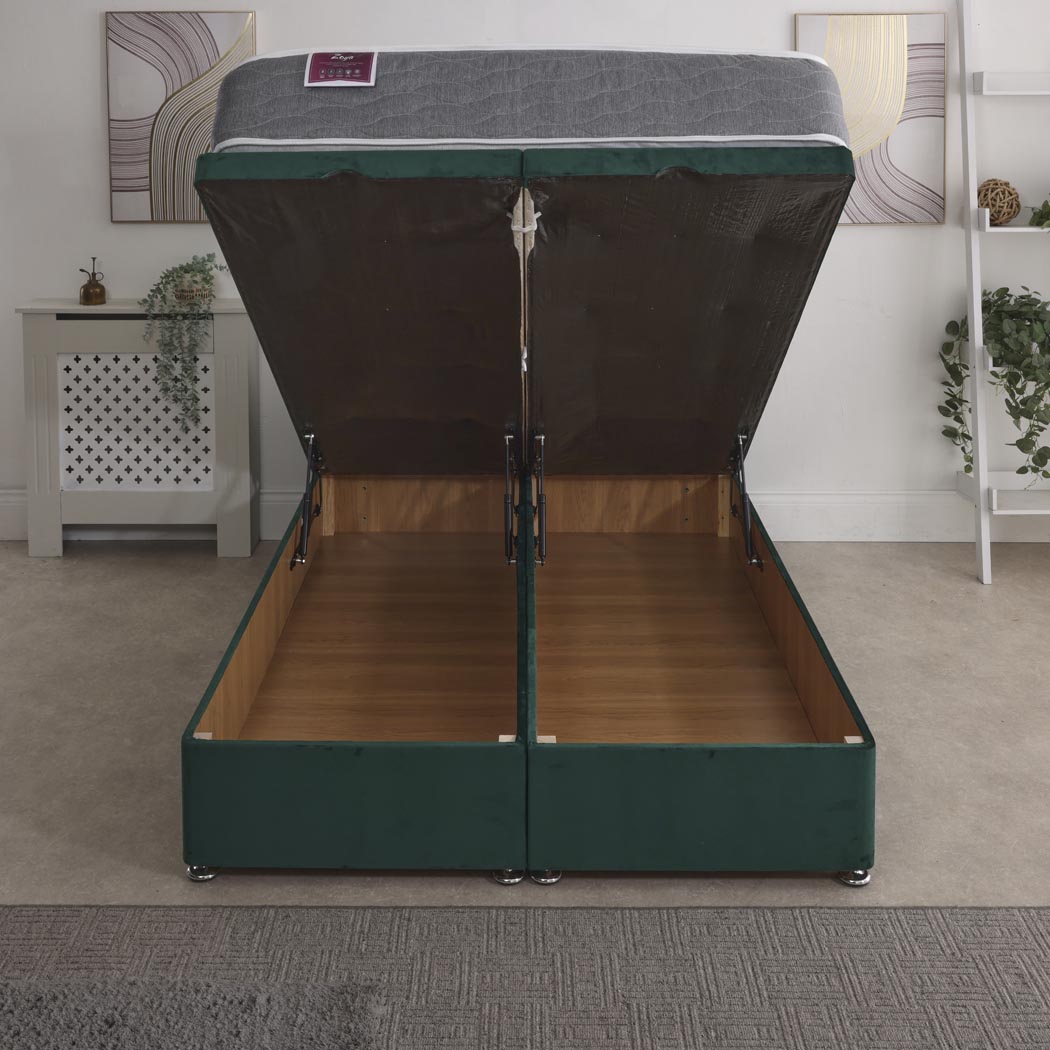 Zoya Coil Sprung Ottoman End Lift Bed Set – front view, storage open