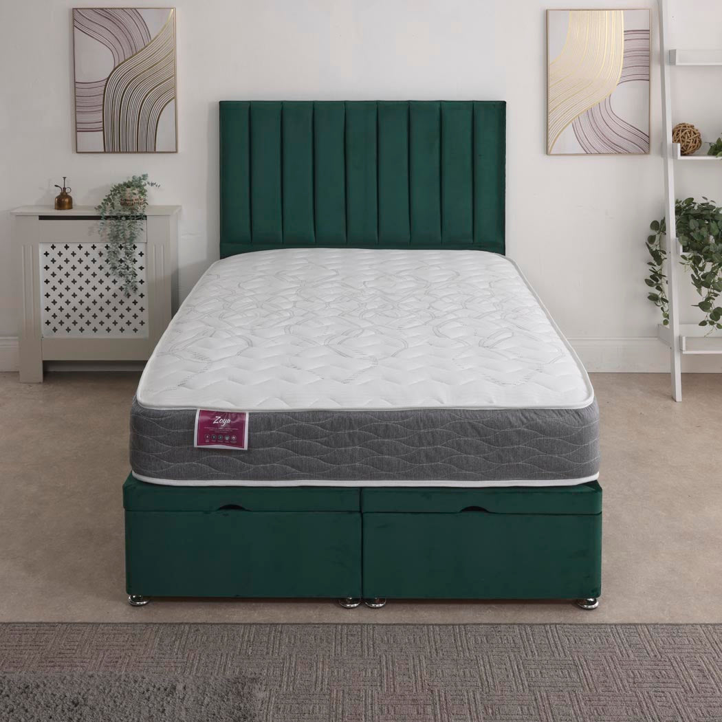 Zoya Coil Sprung Ottoman End Lift Bed Set – front view, storage closed