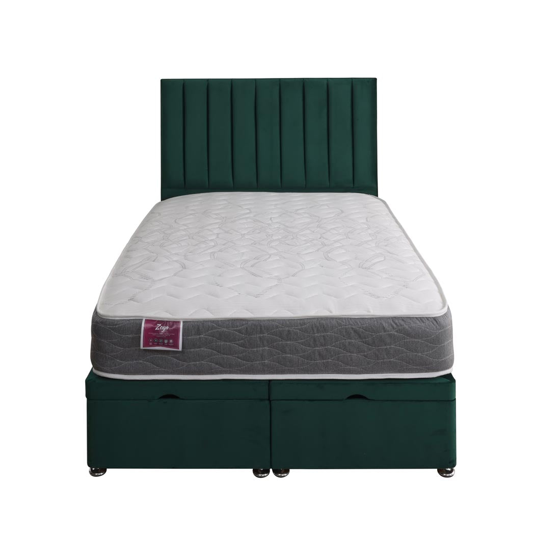 Zoya Coil Sprung Ottoman End Lift Bed Set – front view, storage open